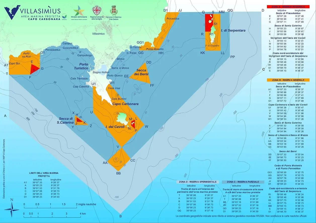 Mappa delle zone dell’Area Marina Protetta di Capo Carbonara (A, B, C, D)